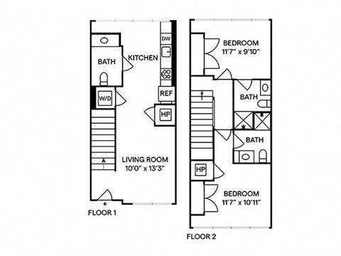Floor plan for 2 beds, 2.5 baths, 972 sqft
